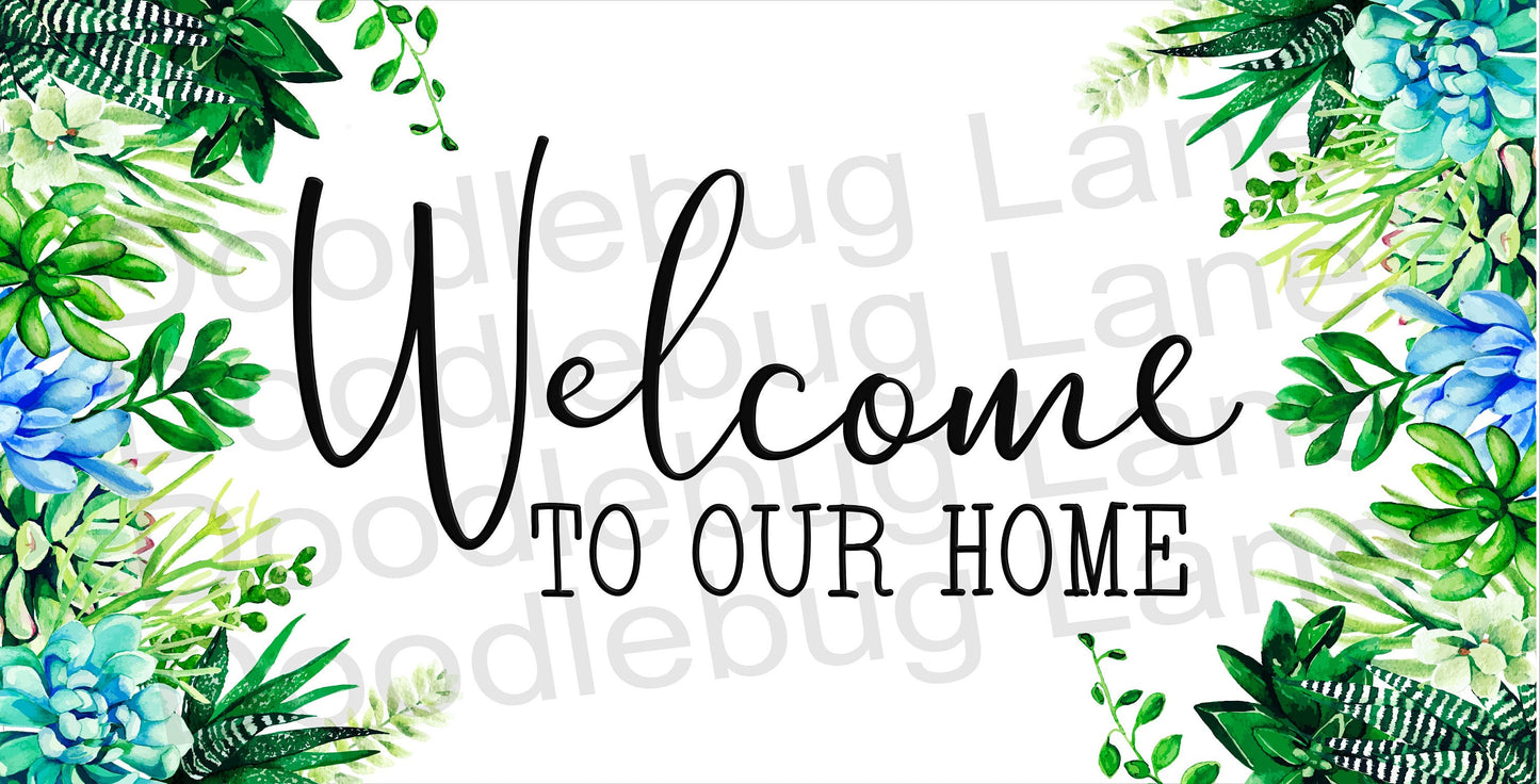 Welcome Wreath Sign - Welcome To Our Home - Succulents Wreath - Metal Wreath Sign - Rectangle Sign - Summer Sign