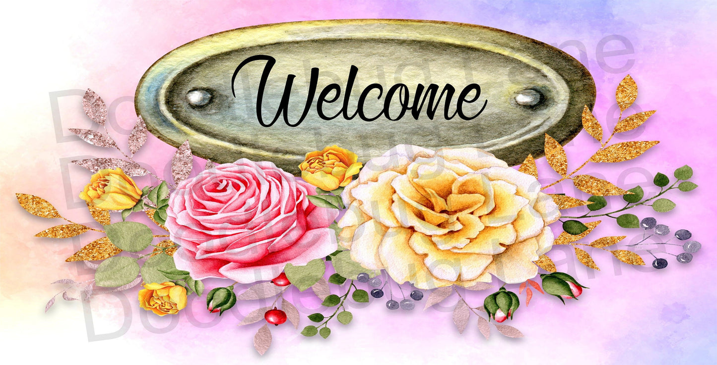 Metal Wreath Sign - Welcome Sign - Rose Sign - Summer Sign - Welcome Wreath Sign - Rectangle Sign - Spring Sign