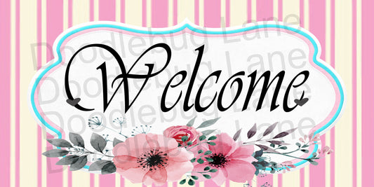 Floral Welcome Wreath Sign - Metal Wreath Sign- Welcome Sign - Striped Sign - Rectangle Sign - Pink Floral