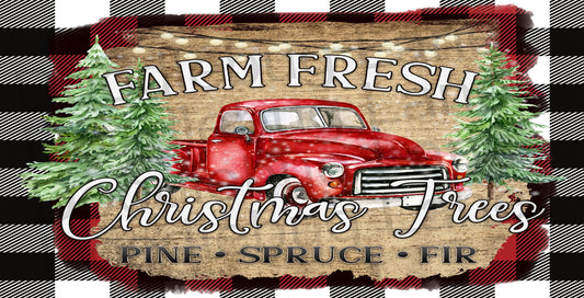 Metal Wreath Sign - Farm Fresh Christmas Trees With Red Truck - Red Truck Decor - Buffalo Plaid Christmas - Vintage Red Truck