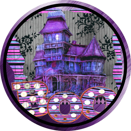 Halloween Sign-Metal Wreath Sign-Spooky Sign-Haunted House-Boo-Round Sign-Purple Halloween Sign