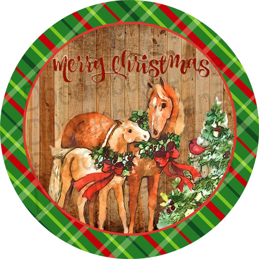 Merry Christmas Sign - Horse Sign - Metal Wreath Sign - Christmas Wreath Sign - Round Wreath Sign