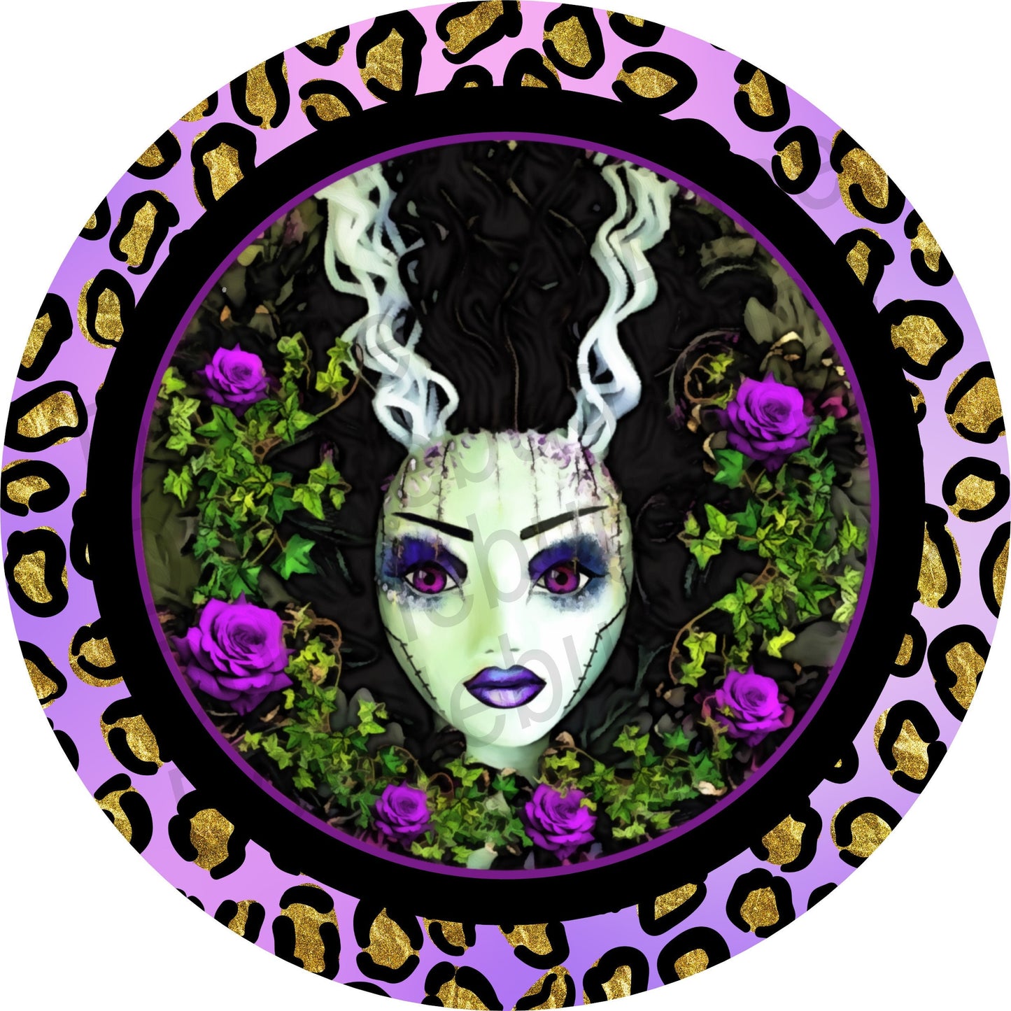 Halloween Wreath Sign-Metal Wreath Sign-Leopard Print-Sugar Skull Elvira-Round Sign