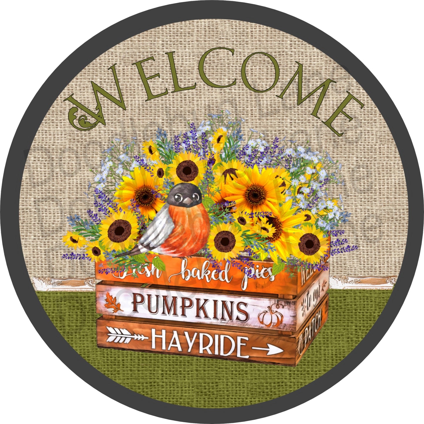 Fall Wreath Sign-Sunflower Sign-Floral Sign-Metal Wreath Sign-Fresh Baked Pies-Pumpkins-Hayrides- Round Sign