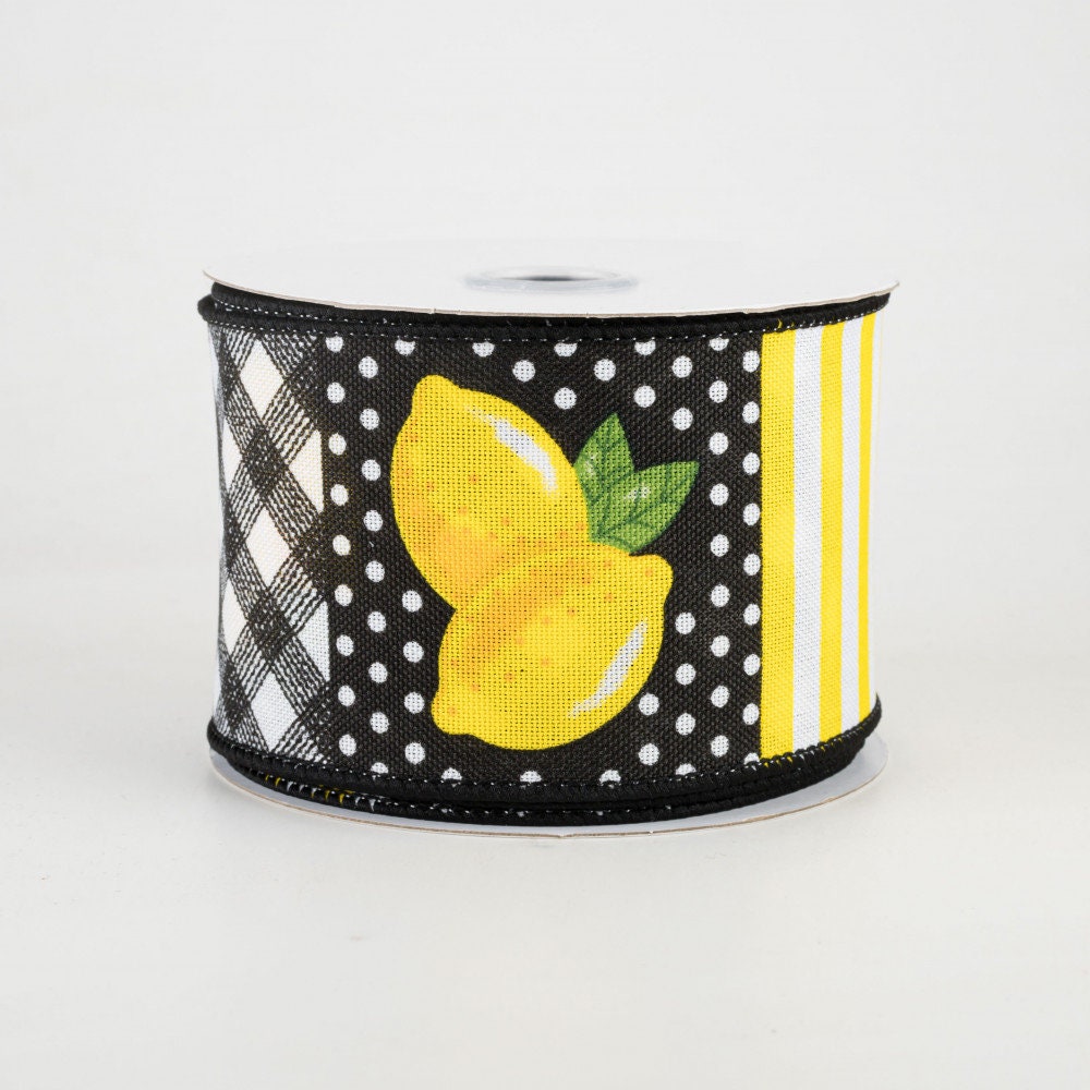 2.5"x 10yds Wired Lemon On Block Pattern - Farmouse Ribbon - Summer Ribbon - Wired Edge Ribbon -Spring Ribbon -