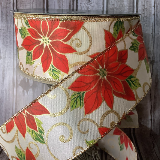 2.5" X 5 Yards Wired Ribbon - Christmas Poinsettia Ribbon - Christmas Flower - Floral Ribbon - Ribbon By The Yard