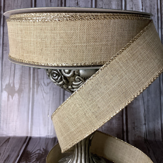 1.5" or 2.5” Ribbon - 5 yards Wired Ribbon - Farmhouse Ribbon - Christmas Ribbon - Fall Ribbon - Ribbon By The Yard-Tan With Gold Edge