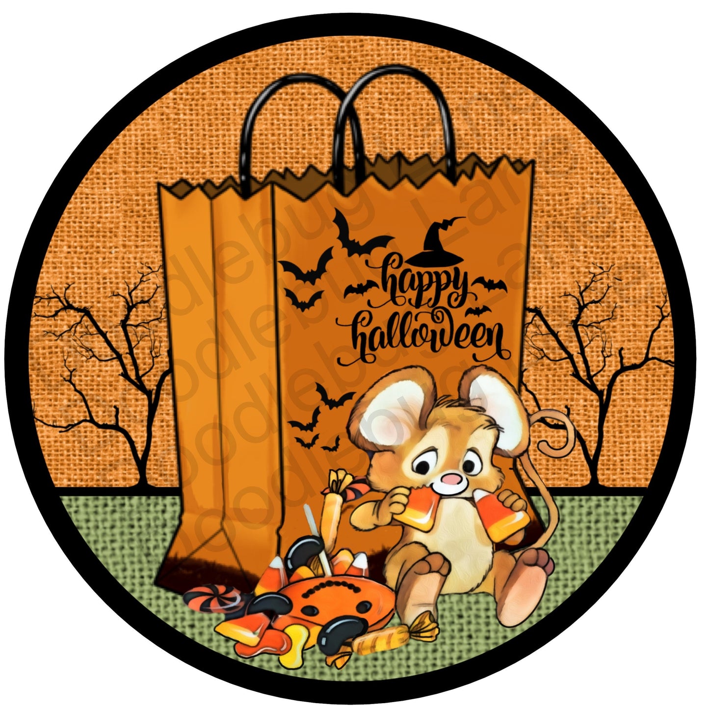 Halloween Wreath Sign - Halloween Mouse - Trick Or Treat Bag - Halloween Candy - Metal Wreath Sign - Round Sign