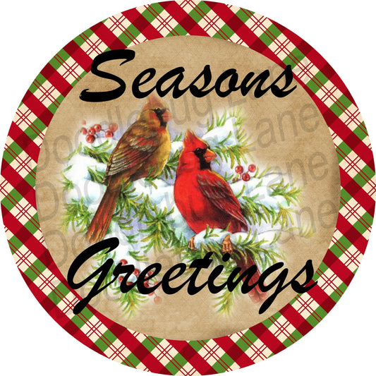 Christmas Wreath Sign - Seasons Greetings - Cardinal Sign - Metal Wreath Sign - Christmas Cardinal Decor - Round Sign