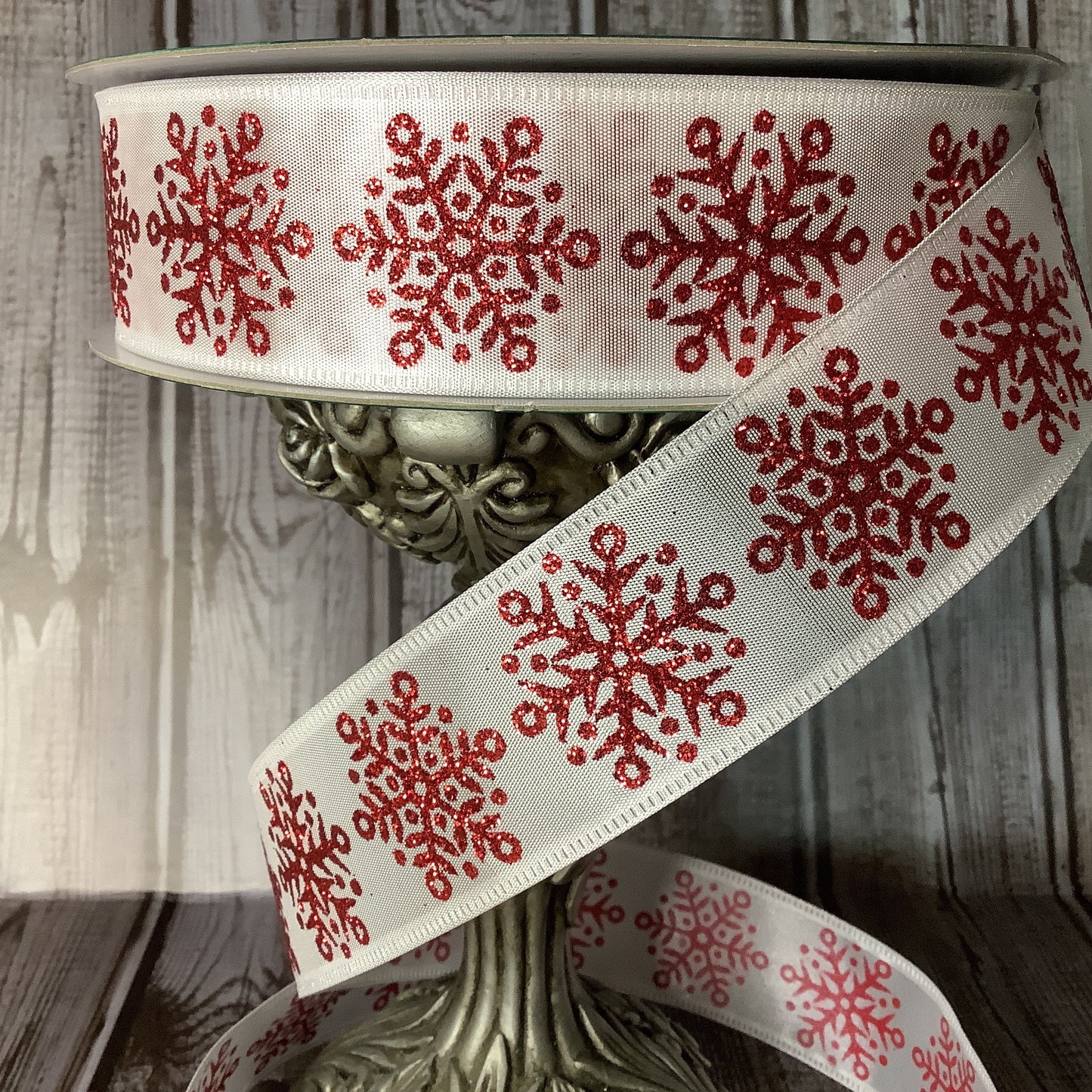 1.5" x 5 yards Wired Christmas Ribbon - Snowflake Ribbon -Red Glittered Snowflake Ribbon - Winter Wreath Ribbon