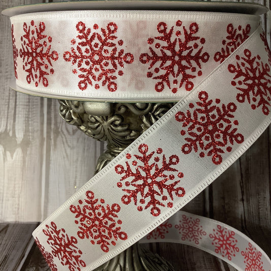 1.5" x 5 yards Wired Christmas Ribbon - Snowflake Ribbon -Red Glittered Snowflake Ribbon - Winter Wreath Ribbon