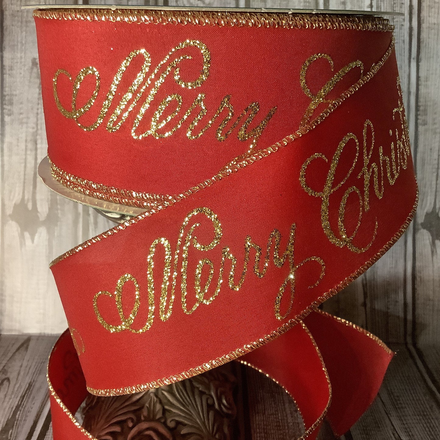 2.5" X 5 Yards Red Christmas Ribbon - Merry Christmas Written In Gold Glitter - Traditional Red And Gold Christmas Ribbon -Wired Edge Ribbon