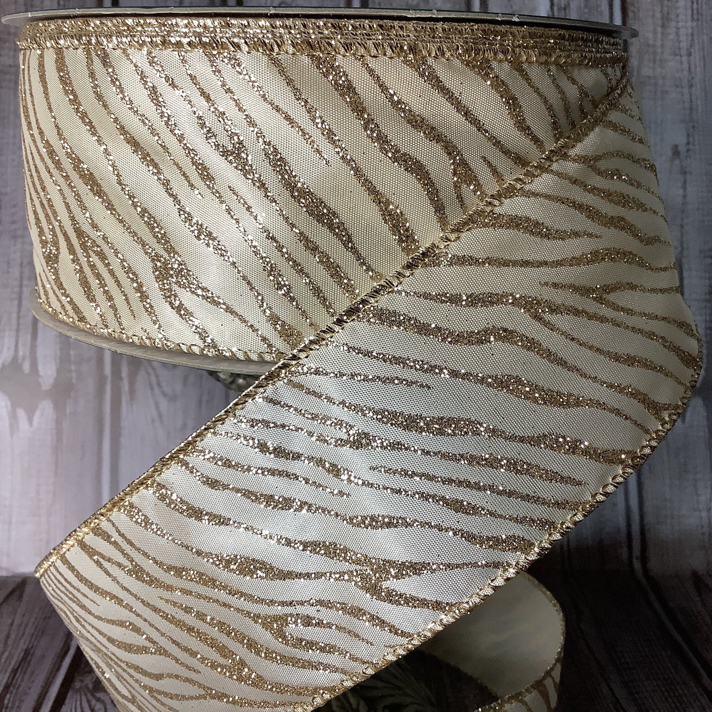 2.5" X 5 yards Gold Zebra Striped Ribbon - Wired Ribbon - Animal Print Ribbon - Gold Glitter Ribbon - Ribbon By The Yard