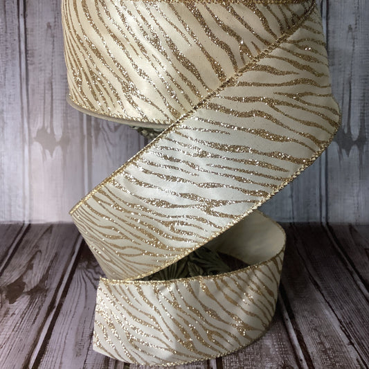 2.5" X 5 yards Gold Zebra Striped Ribbon - Wired Ribbon - Animal Print Ribbon - Gold Glitter Ribbon - Ribbon By The Yard