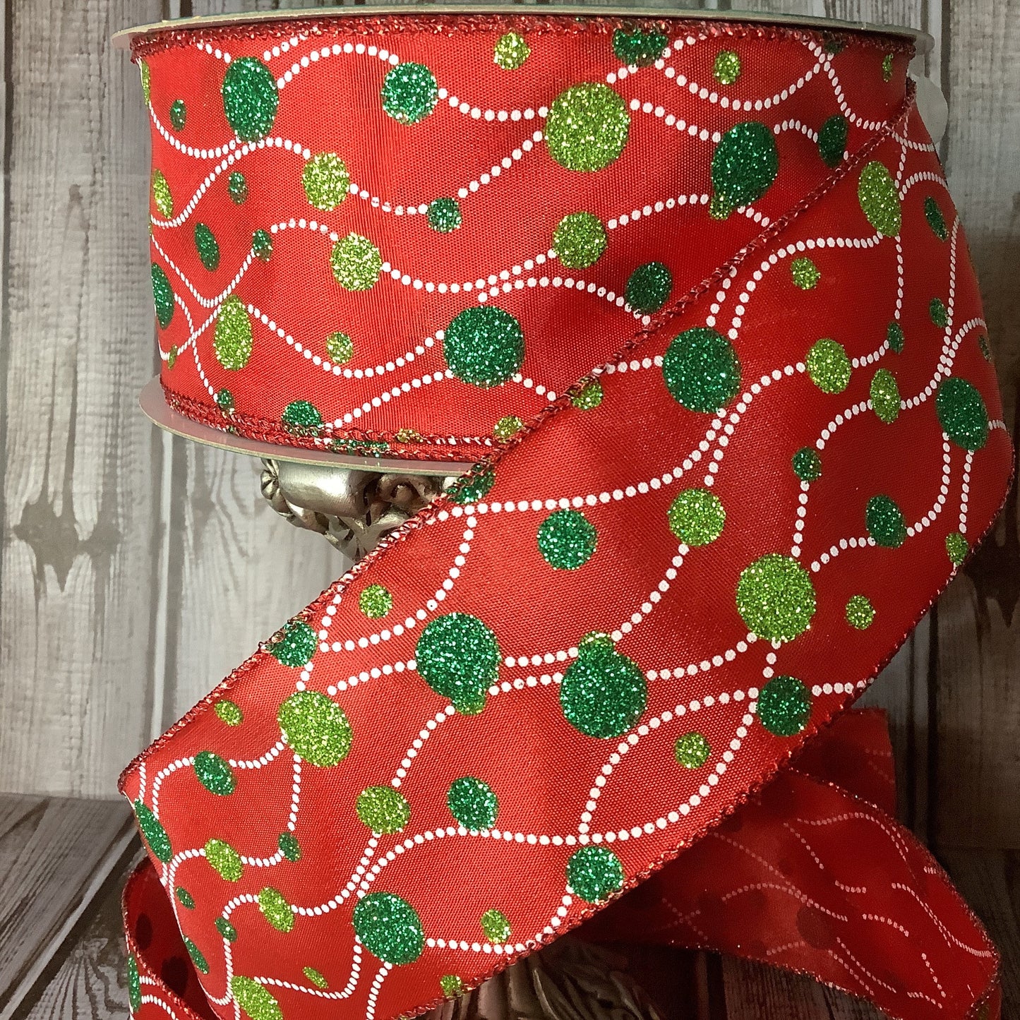 2.5" Red And Green Glittered Polka Dot On Wavy Lines - Wired Ribbon - Whimiscal Christmas Ribbon - Green Glitter