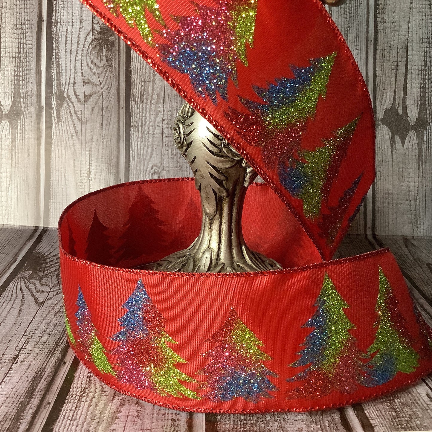 2.5" X 5 yards Glittered Christmas Tree Ribbon-Wired Ribbon-Bright And Cheerful Ribbon - Glitter Ribbon - Christmas Ribbon- Blue, Pink, Green And Red