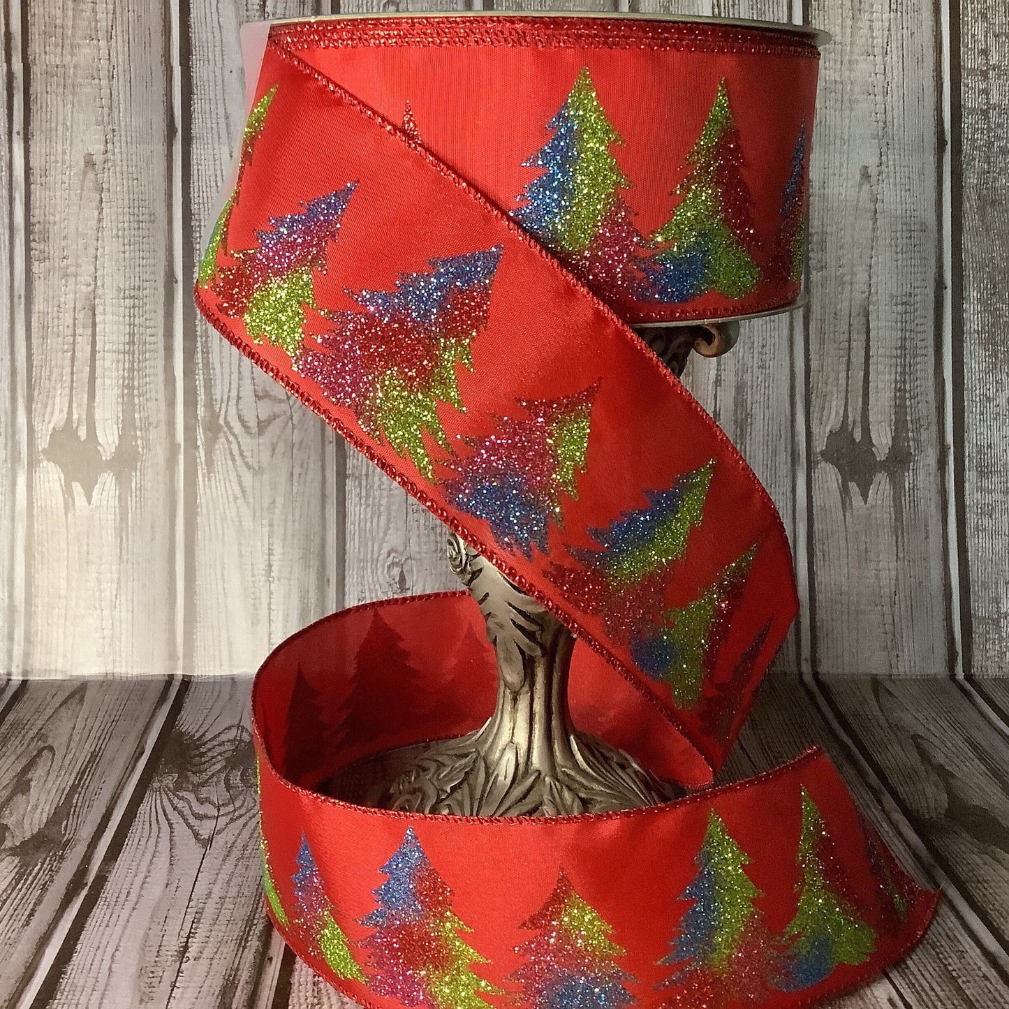 2.5" X 5 yards Glittered Christmas Tree Ribbon-Wired Ribbon-Bright And Cheerful Ribbon - Glitter Ribbon - Christmas Ribbon- Blue, Pink, Green And Red