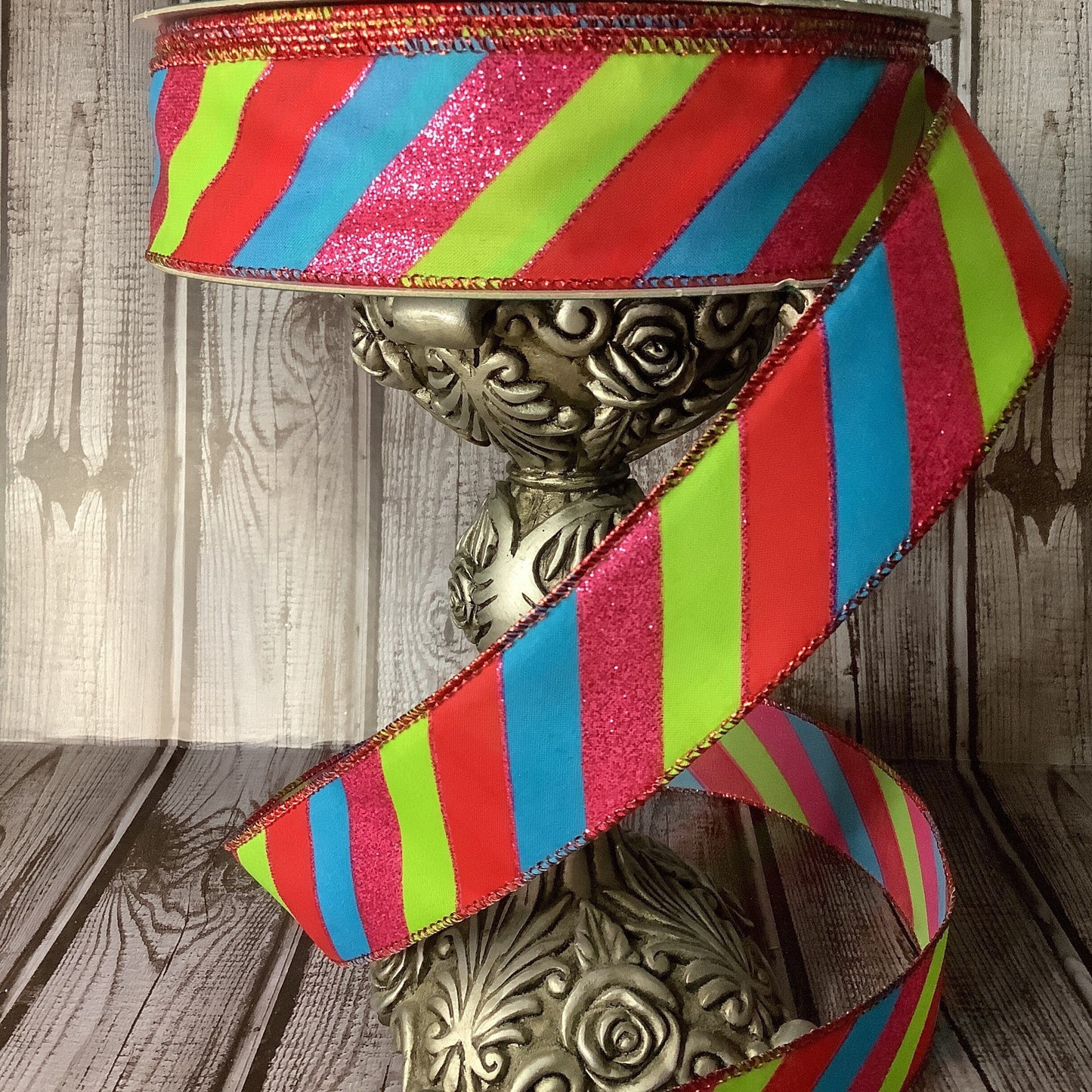 1.5" Striped Ribbon - Wired Ribbon - Red, Blue, Pink And Green Wired Ribbon-Fun And Cheerful Ribbon - Ribbon By The Yard