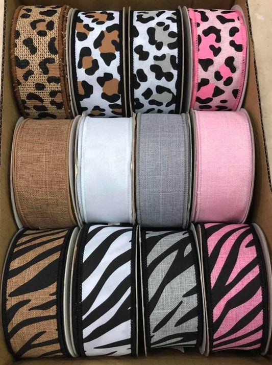 1.5" x 10 yards Animal Print Assorted Ribbon - Animal Print Ribbon Box - Wired Ribbon - Leopard Print - Zebra Stripes - Box of 12