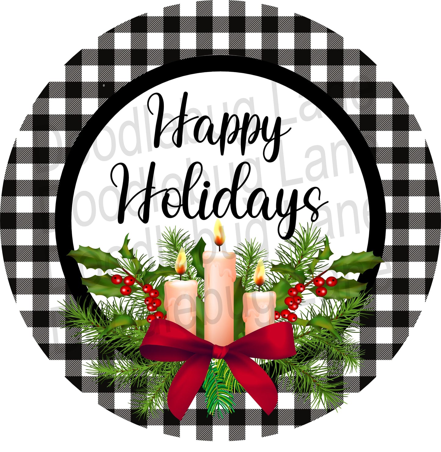 Christmas Wreath Sign - Happy Holidays Candles - Buffalo Plaid Border - Christmas Candles - Metal Wreath Sign -