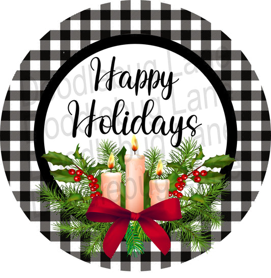 Christmas Wreath Sign - Happy Holidays Candles - Buffalo Plaid Border - Christmas Candles - Metal Wreath Sign -