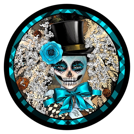 Sugar Skull Wreath Sign-Round Sign-Halloween Sign-Sugar Skull-Blue And Black-Metal Wreath Sign