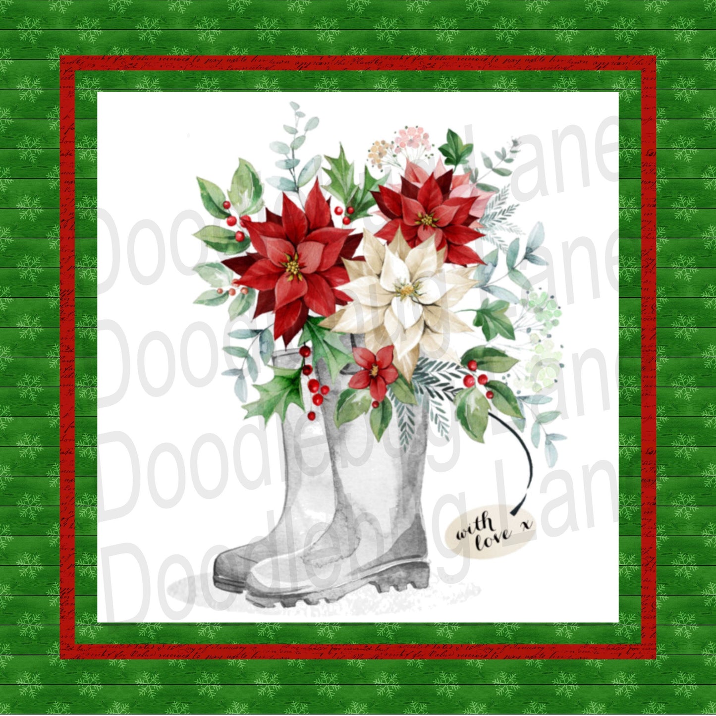 Christmas Wreath Sign-Boots And Poinsettia-Christmas Bouquet-Metal Wreath Sign-Square Sign-Doodlebug Lane Signs-Green And Red-Santa Boots