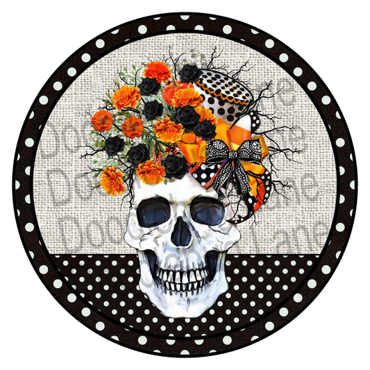 Halloween Wreath Sign - Metal Wreath Sign - Skull Sign - Candy Corn-Polka Dots-Floral Hat-Faux Burlap-Round Sign