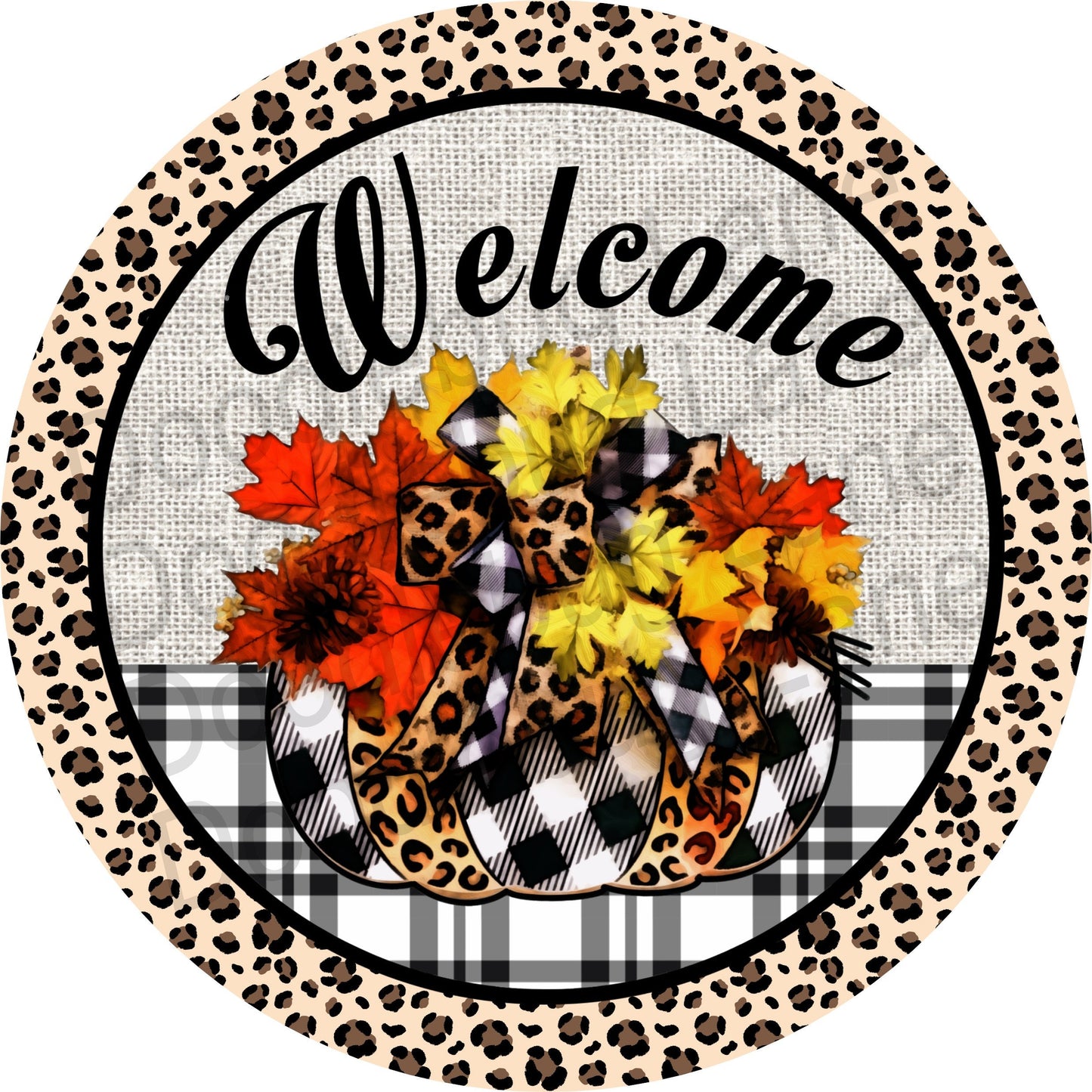 Fall Wreath Sign - Leopard Print Pumpkin - Welcome Wreath Sign - Fall Welcome Sign - Round Sign - Metal Wreath Sign