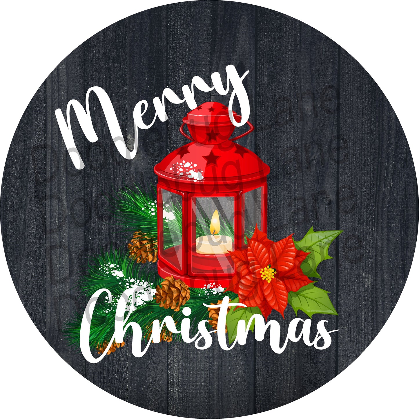 Christmas Wreath Sign - Faux Wood - Christmas Lantern - Metal Wreath Sign - Christmas Poinsettia - Round Sign