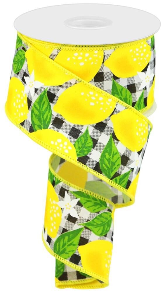 2.5" X 10 yards Wired Ribbon - Lemon Ribbon - Lemon On Black And White Gingham - Spring Ribbon - Summer Ribbon