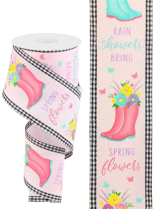 2.5" x 10 Yards Wired Ribbon - Spring Ribbon - Rainboots - Floral Rainboots - Summer Ribbon