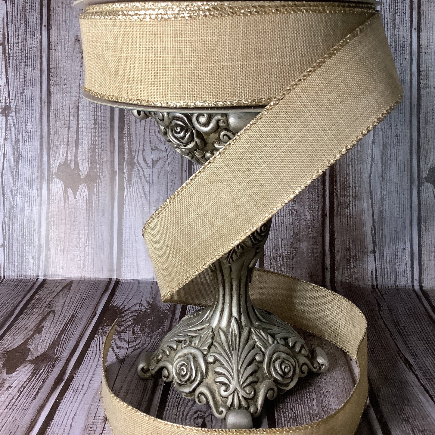 1.5" or 2.5” Ribbon - 5 yards Wired Ribbon - Farmhouse Ribbon - Christmas Ribbon - Fall Ribbon - Ribbon By The Yard-Tan With Gold Edge