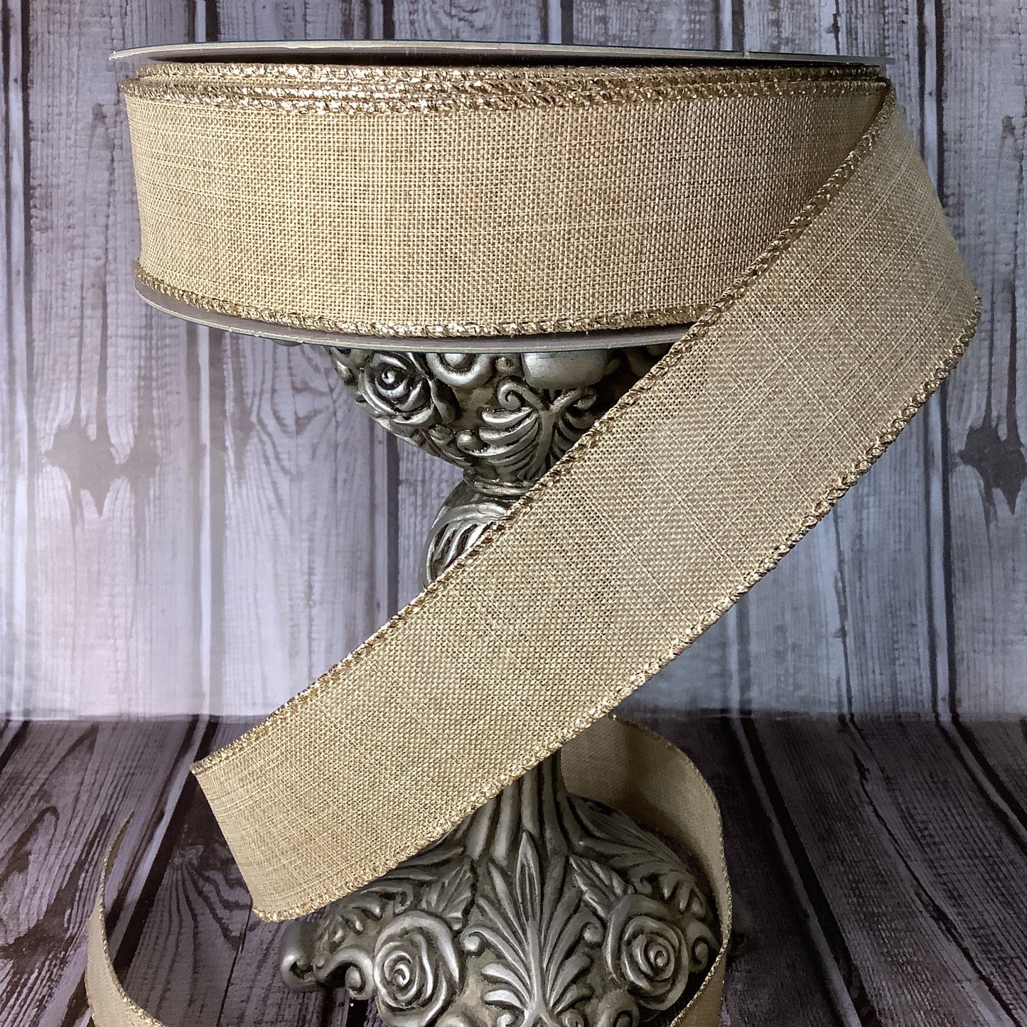 1.5" or 2.5” Ribbon - 5 yards Wired Ribbon - Farmhouse Ribbon - Christmas Ribbon - Fall Ribbon - Ribbon By The Yard-Tan With Gold Edge