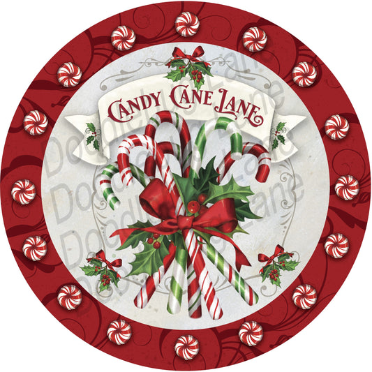 Christmas Wreath Sign - Candy Cane Lane - Christmas Wreath Decor - Metal Wreath Sign - Round Sign