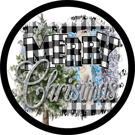 Christmas Wreath Sign - Metal Wreath Sign - Merry Christmas - Buffalo Plaid - Round Sign - Black And White