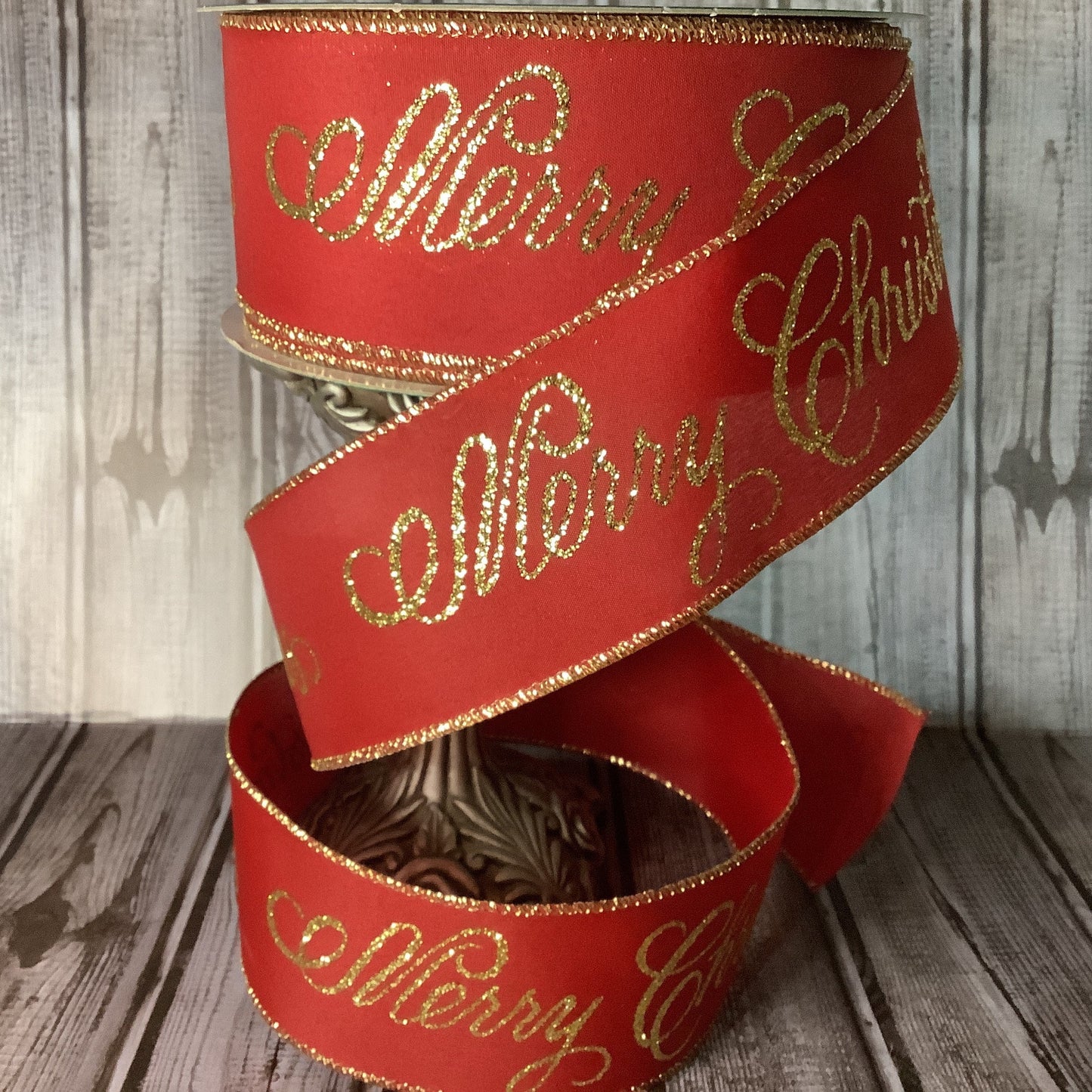 2.5" X 5 Yards Red Christmas Ribbon - Merry Christmas Written In Gold Glitter - Traditional Red And Gold Christmas Ribbon -Wired Edge Ribbon