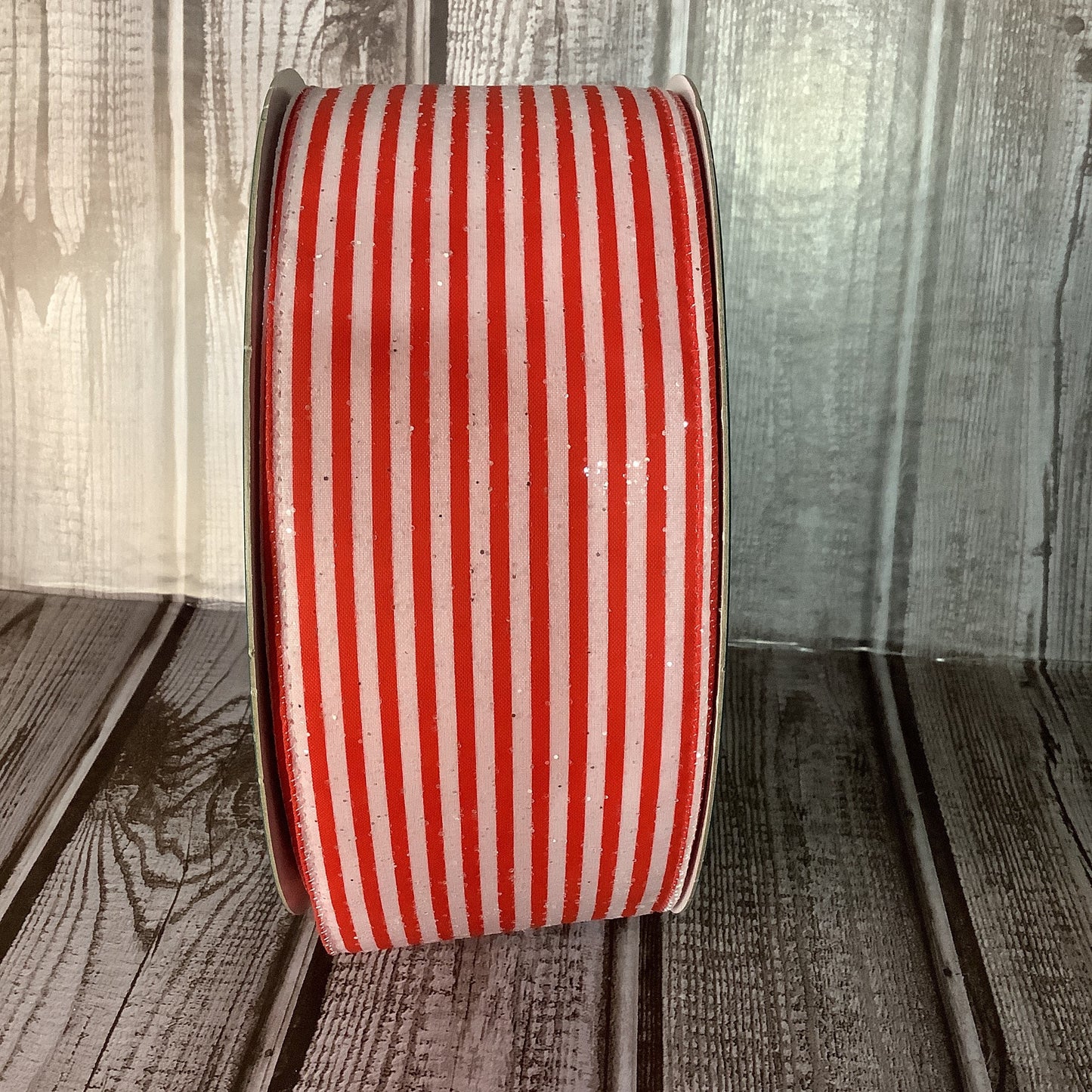 2.5" X 5 Yards Red And White Striped Ribbon -Irridescent Glitter Ribbon -Valentines Ribbon -Christmas Ribbon -Patriotic Ribbon -Wired Ribbon