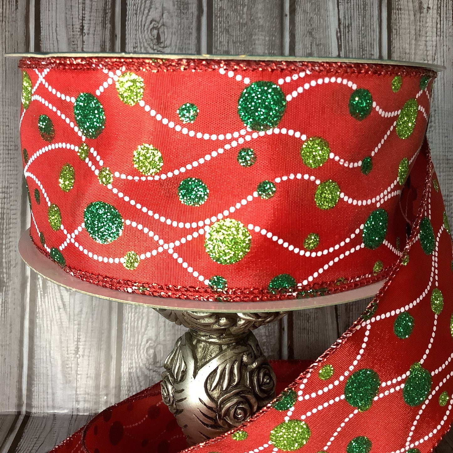 2.5" Red And Green Glittered Polka Dot On Wavy Lines - Wired Ribbon - Whimiscal Christmas Ribbon - Green Glitter