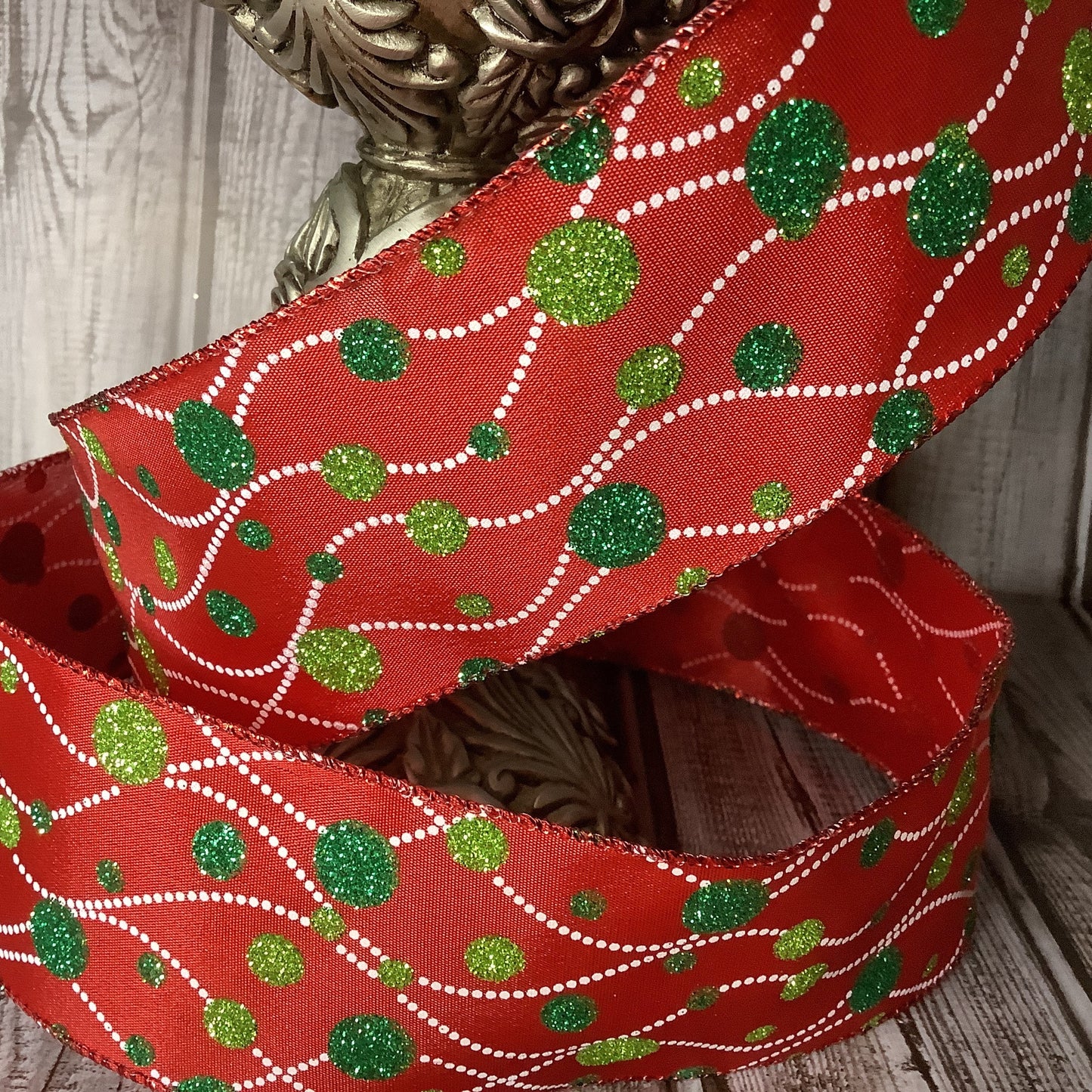 2.5" Red And Green Glittered Polka Dot On Wavy Lines - Wired Ribbon - Whimiscal Christmas Ribbon - Green Glitter