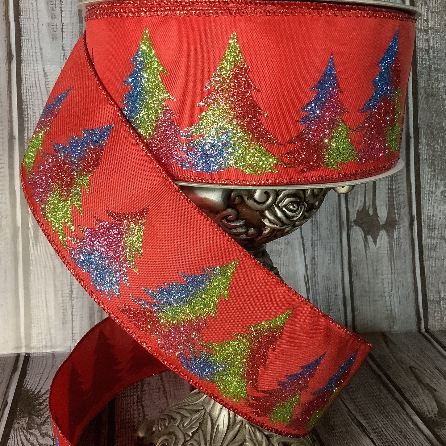 2.5" X 5 yards Glittered Christmas Tree Ribbon-Wired Ribbon-Bright And Cheerful Ribbon - Glitter Ribbon - Christmas Ribbon- Blue, Pink, Green And Red