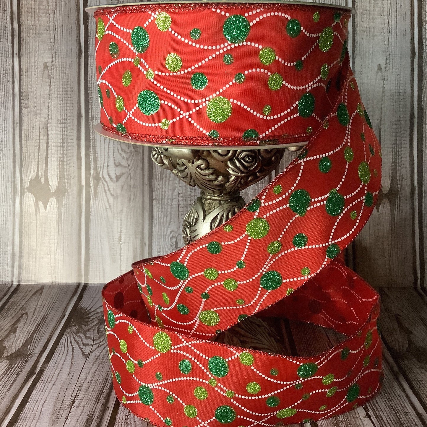 2.5" Red And Green Glittered Polka Dot On Wavy Lines - Wired Ribbon - Whimiscal Christmas Ribbon - Green Glitter