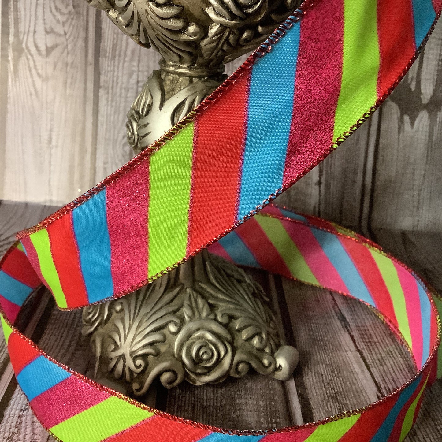 1.5" Striped Ribbon - Wired Ribbon - Red, Blue, Pink And Green Wired Ribbon-Fun And Cheerful Ribbon - Ribbon By The Yard