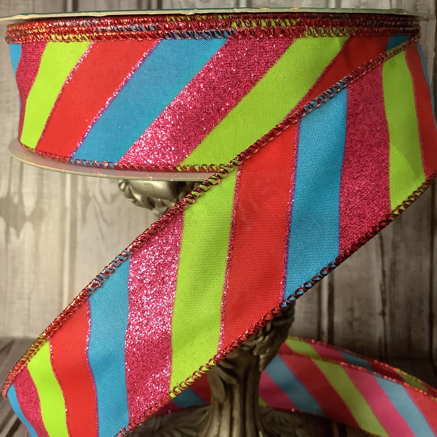 1.5" Striped Ribbon - Wired Ribbon - Red, Blue, Pink And Green Wired Ribbon-Fun And Cheerful Ribbon - Ribbon By The Yard