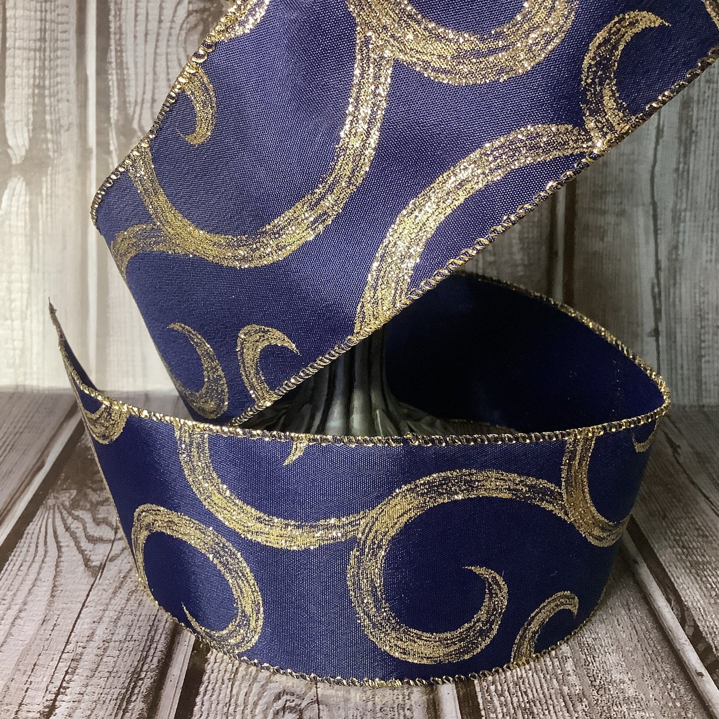 2.5" Navy Blue Ribbon - Wired Edge Ribbon - Gold Glitter- Christmas Ribbon - Fall Ribbon - Versatile Ribbon - Ribbon By The Yard