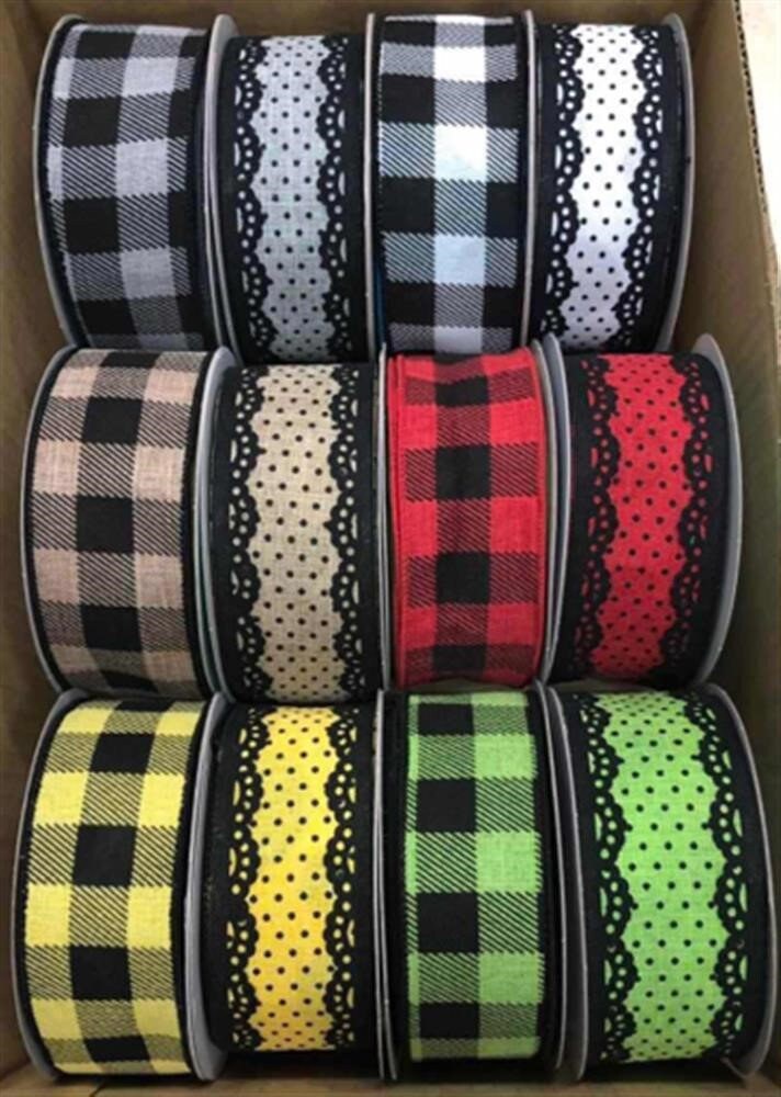 1.5" x 10 yards Assortment Ribbon Box - Box of 12 Assorted Ribbon - Farmhouse Ribbon - Plaid Ribbon - Swiss Dot Ribbon - Wired Edge Ribbon