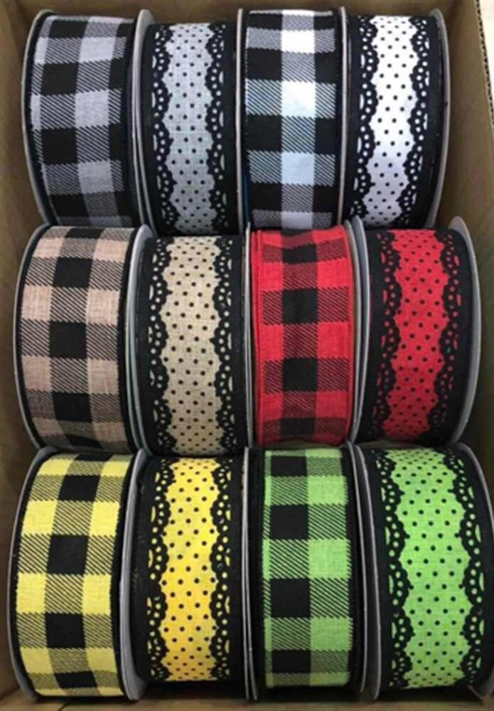 1.5" x 10 yards Assortment Ribbon Box - Box of 12 Assorted Ribbon - Farmhouse Ribbon - Plaid Ribbon - Swiss Dot Ribbon - Wired Edge Ribbon