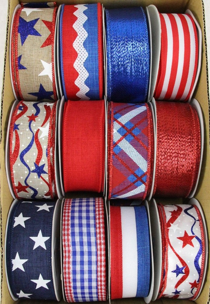 1.5" x 10 yards Patriotic Wired Ribbon Assortment - Ribbon Box - Box Of 12 Rolls - Patriotic Ribbon Assortment - Red, White And Blue Ribbon