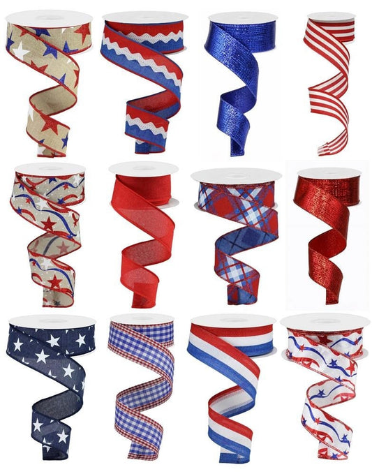 1.5" x 10 yards Patriotic Wired Ribbon Assortment - Ribbon Box - Box Of 12 Rolls - Patriotic Ribbon Assortment - Red, White And Blue Ribbon