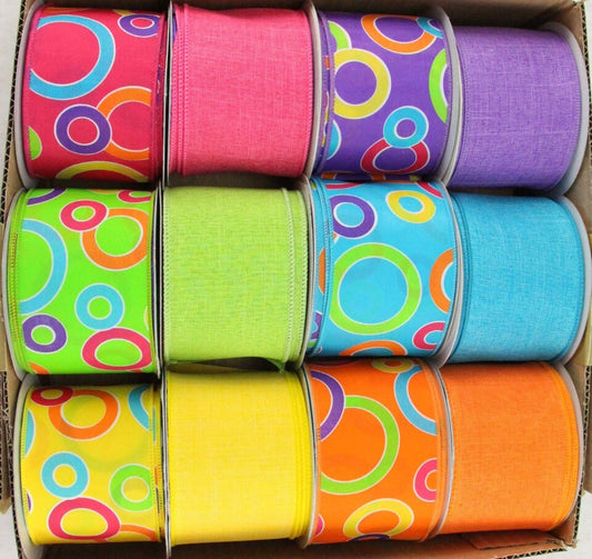 2.5" Bright And Cheerful Circles Assorted Ribbon - Ribbon Box - Wired Ribbon - Ribbon Assortment - Spring Assortment - Box of 12